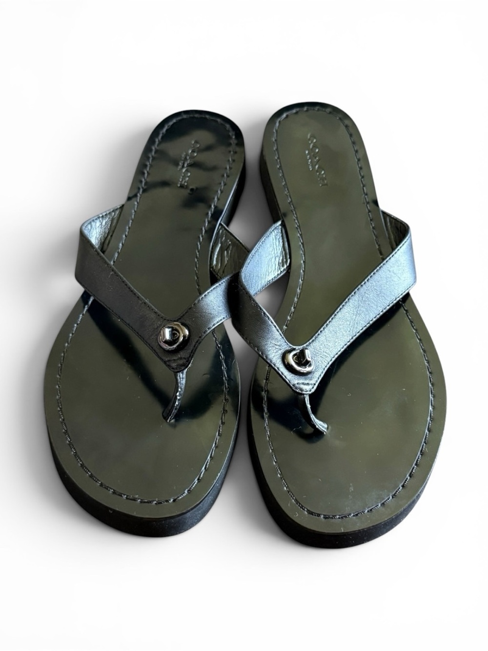 COACH New York Shelly Black Leather Flip Flops w/ Metallic Accent Size 9B Women